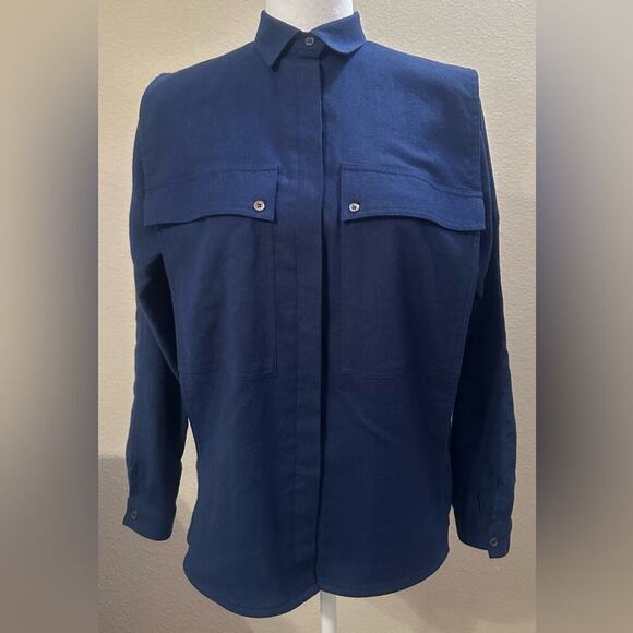 BALDANZA Women’s Navy Blue Blouse. Hidden buttons. Panels. Wool/Cotton  Size 6 - Picture 1 of 11